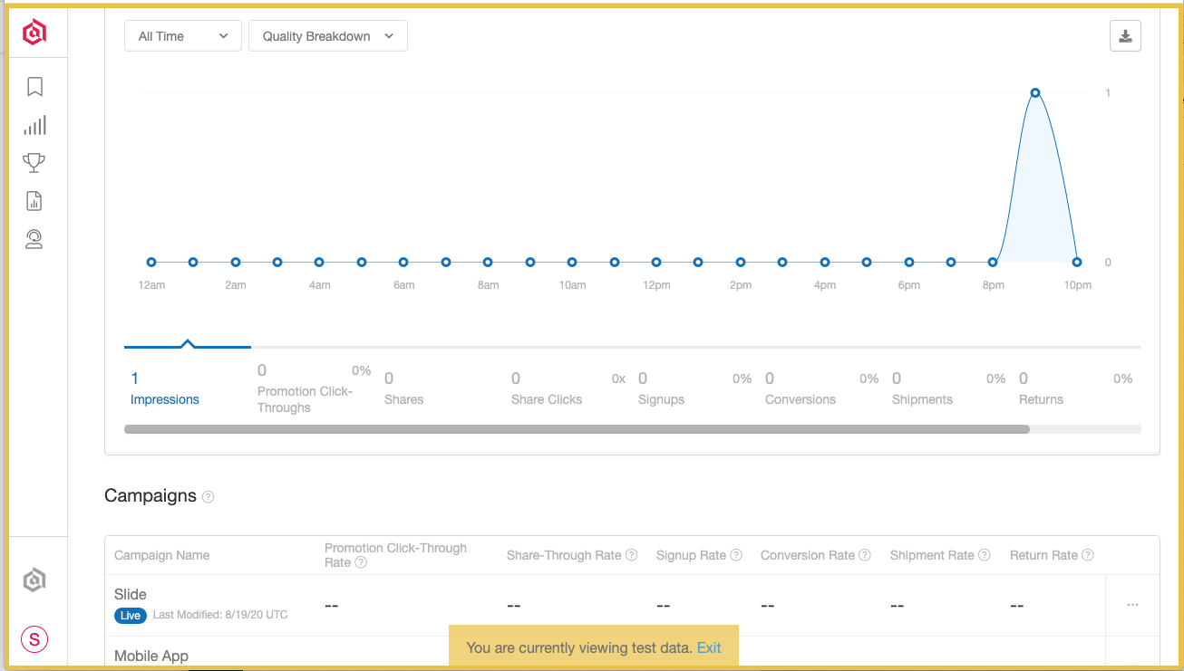 Screenshot showing To exit test data mode, click "Exit" on the yellow outlined box, or click on your initial again and select "View Production Data".