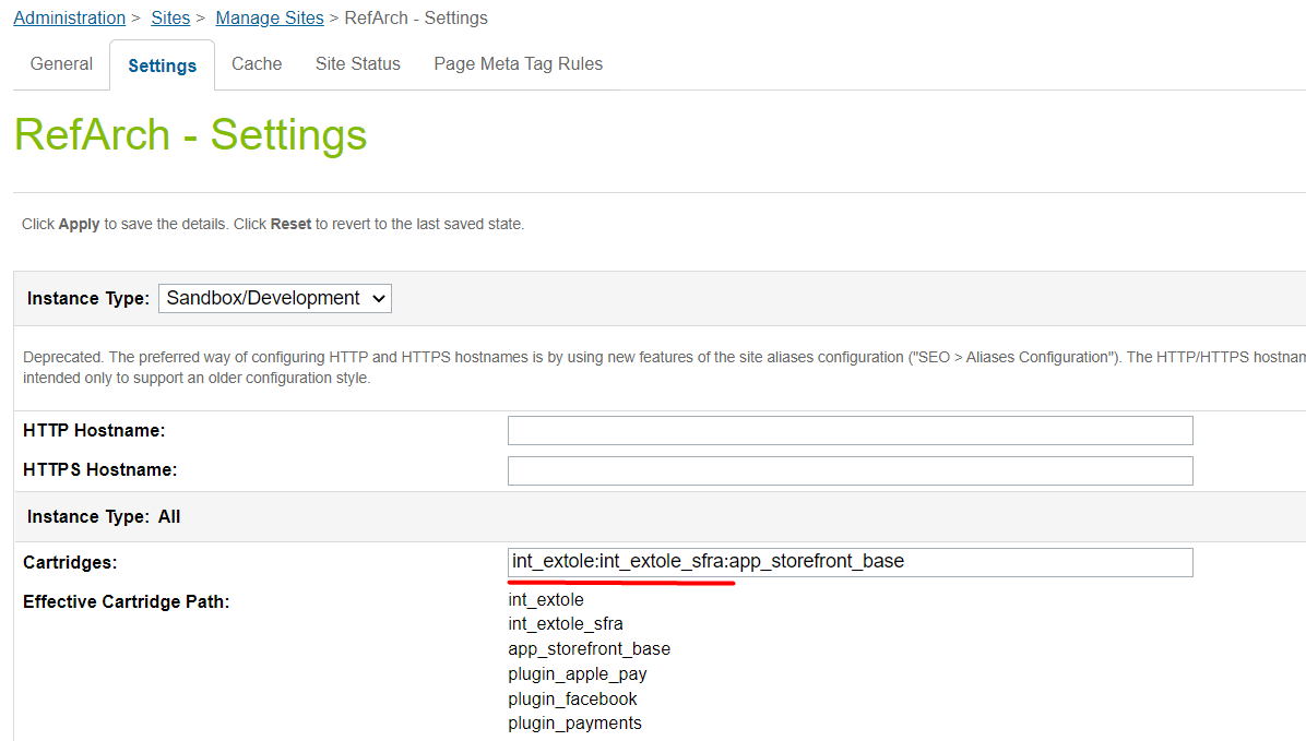 Screenshot showing Go to Business Manager and open Administration > Sites > Manage Sites. Select your site, then select the Settings tab. In the cartridge path, at the...