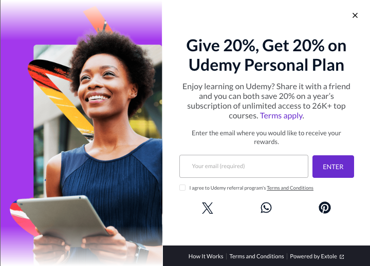 Screenshot showing The Share Experience is the part of your referral program where Advocates share your offer with Friends. It is a simple interface designed to make sharing...