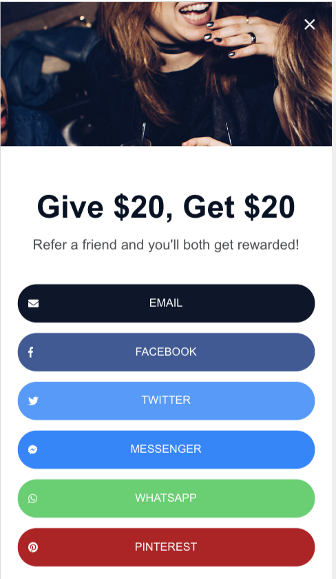 Screenshot showing Extole sharing encourages advocates to share through multiple methods by showing them the different potential channels that are part of sharing.