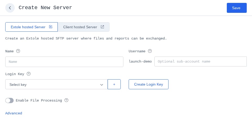 Create New Server page showing the Name, Username, and Login Key fields and the Create Login Key button
