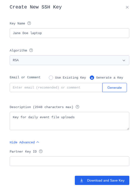 Create New SSH Key panel with Generate a Key selected, the Email or Comment field, the Generate button, and the Download and Save Key button