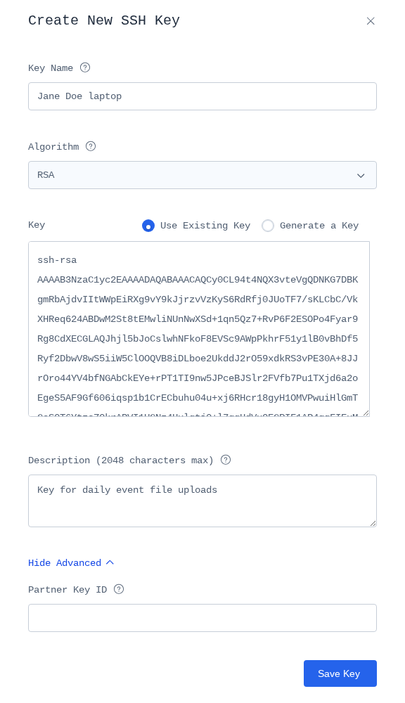 Create New SSH Key panel showing Key Name, Algorithm set to RSA, a pasted ssh-rsa public key, Description, and the Partner Key ID field under Advanced