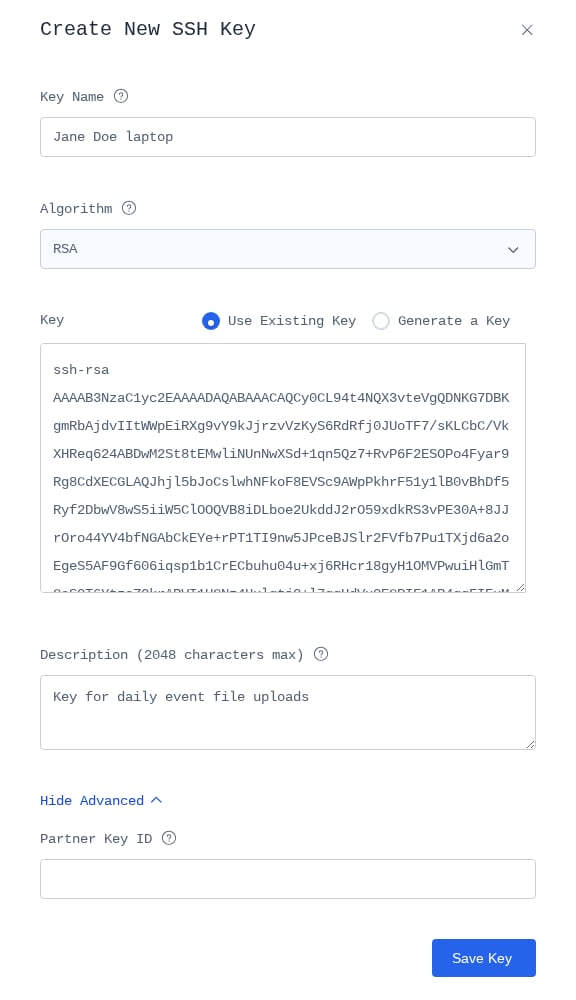 Create New SSH Key panel showing Key Name, Algorithm set to RSA, a pasted ssh-rsa public key, Description, and the Partner Key ID field under Advanced