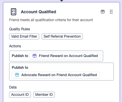 Flow Builder step card showing quality rules, reward actions, and the data the step carries