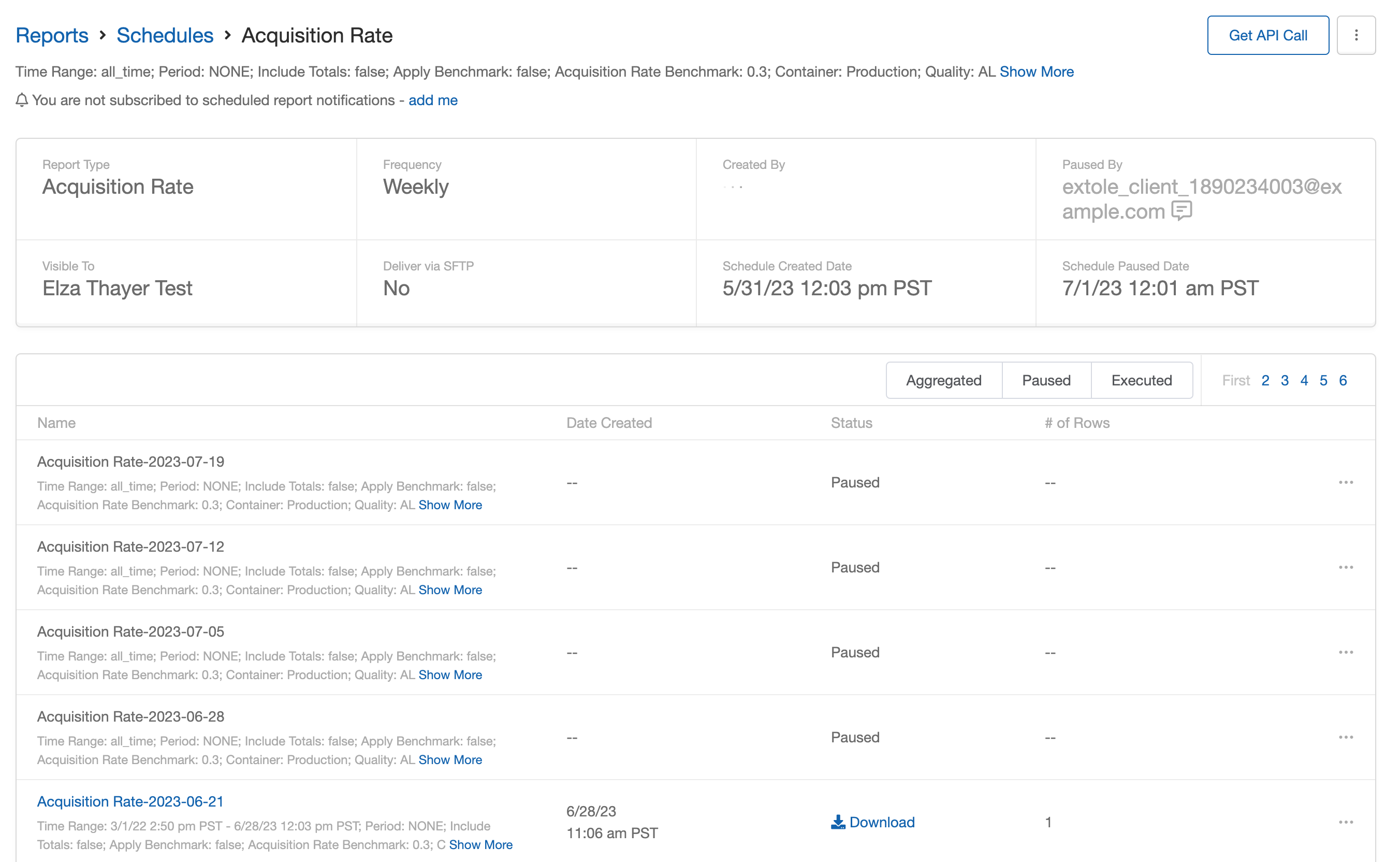 Scheduled report detail page