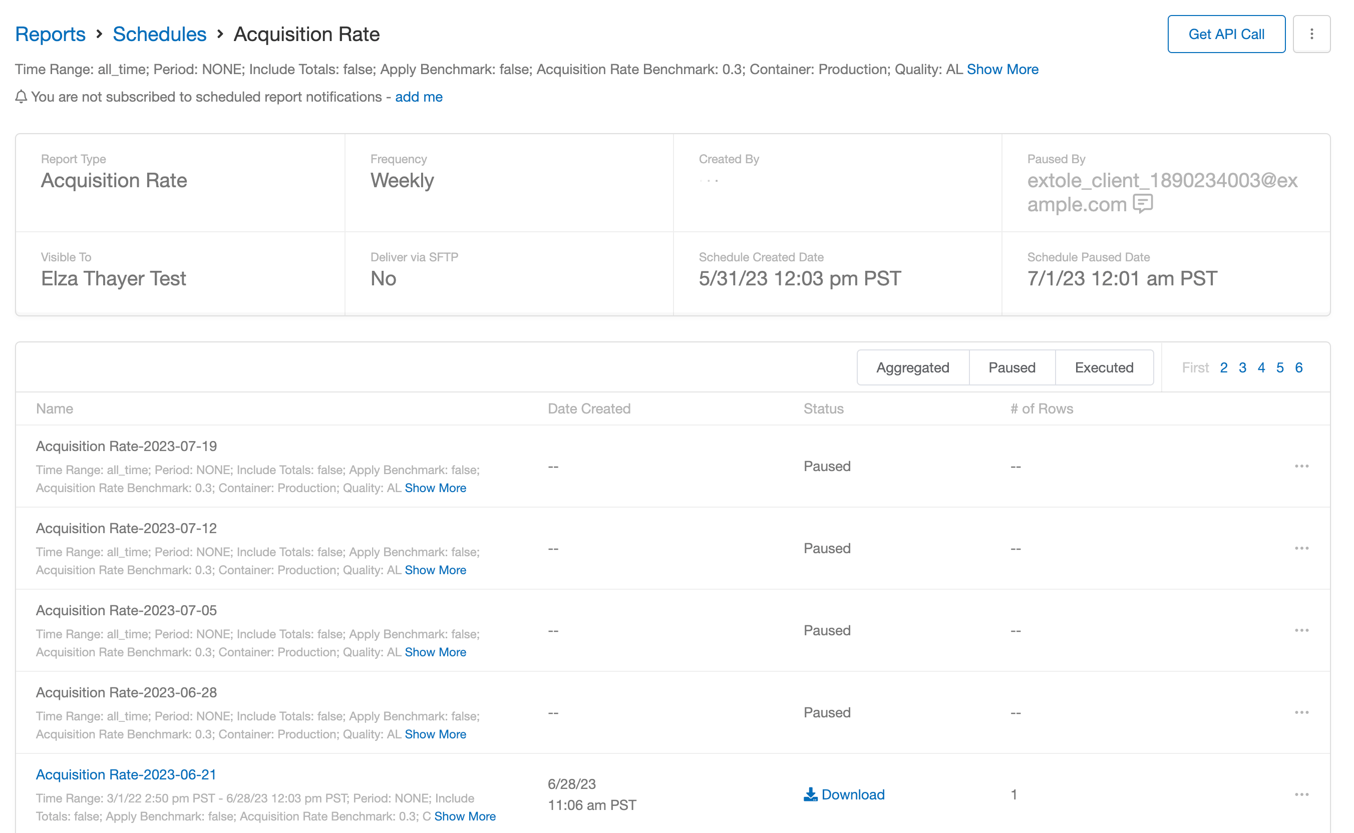 Scheduled report detail page