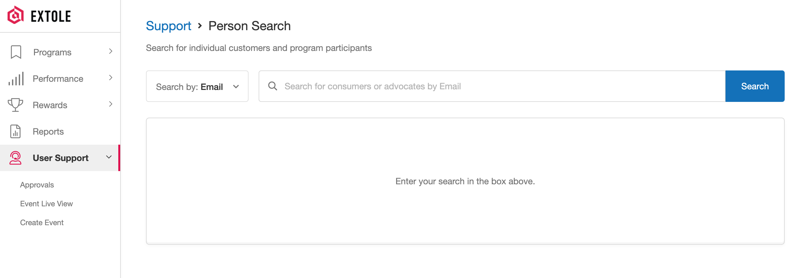 Screenshot showing Search For People is available by clicking User Support from the sidebar. This feature can be used to find information about a specific person participating...