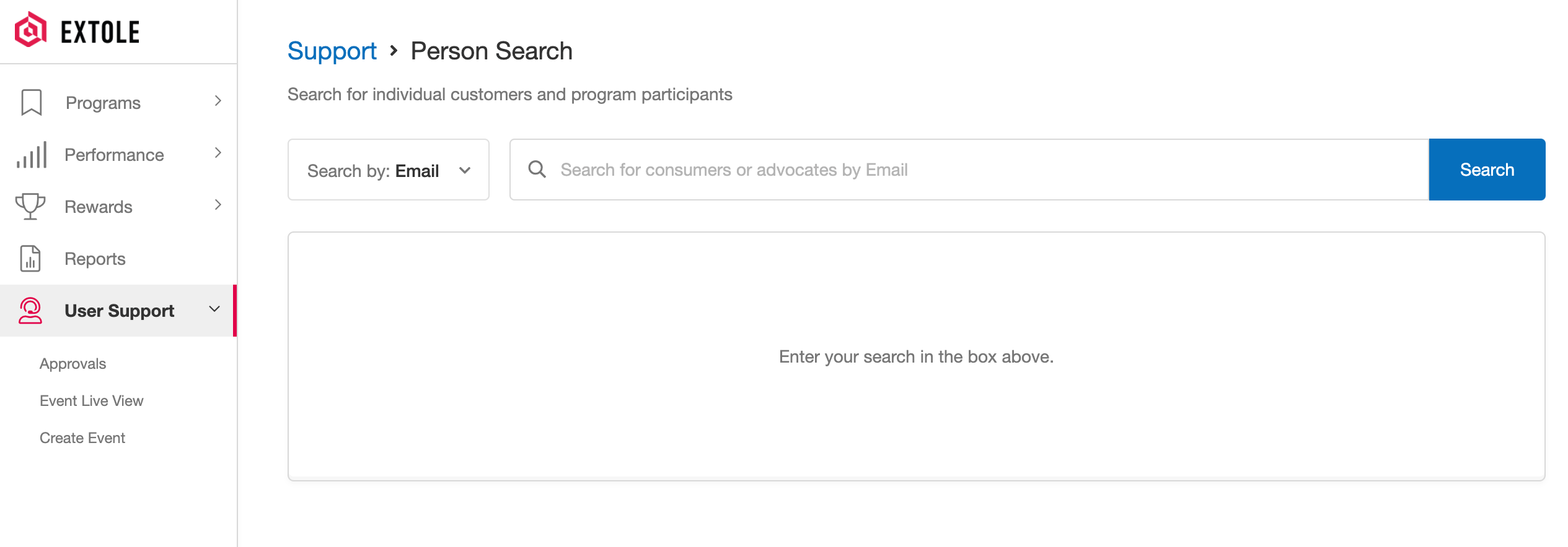 Screenshot showing Search For People is available by clicking User Support from the sidebar. This feature can be used to find information about a specific person participating...
