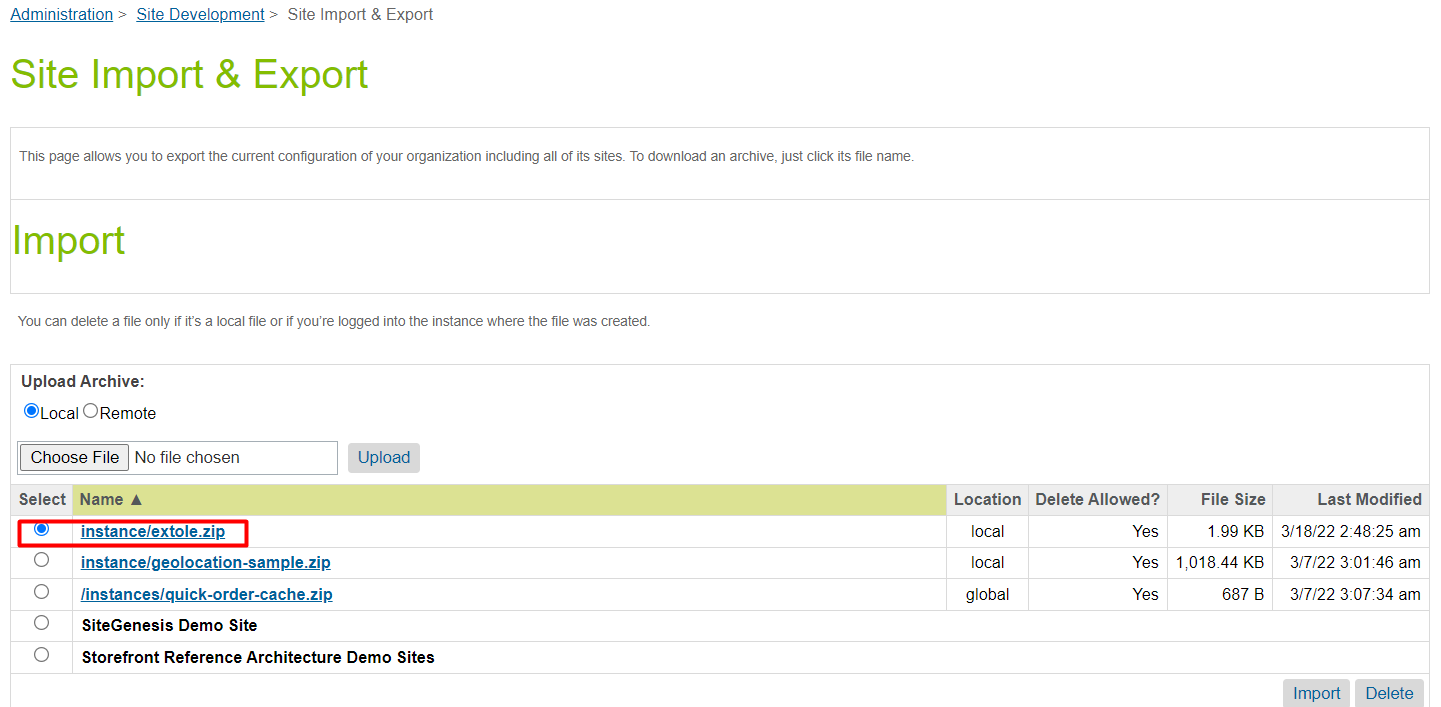 Screenshot showing Under the Upload Archive, select Local, then choose the extole-sfcc-cartridge-master/metadata/extole.zip file and click the Upload button. All metadata,...