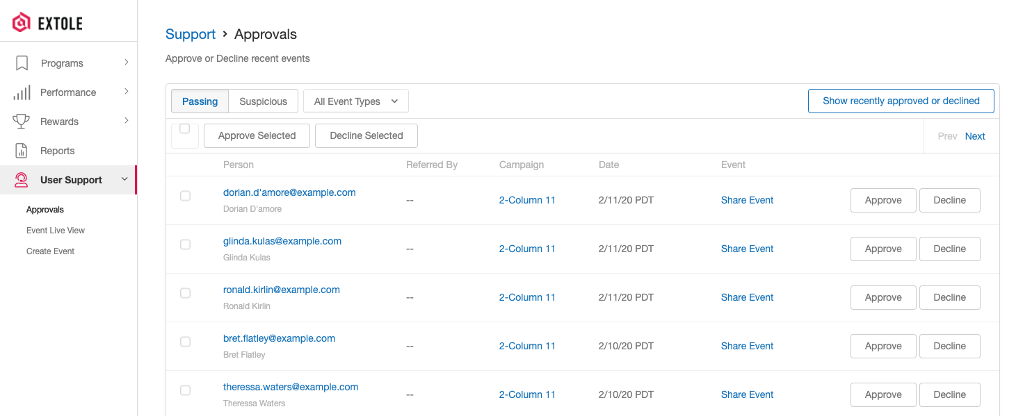 Screenshot showing You can approve events one at a time by clicking Approve to the right of an event in the table, or you can approve multiple events at once by clicking the...