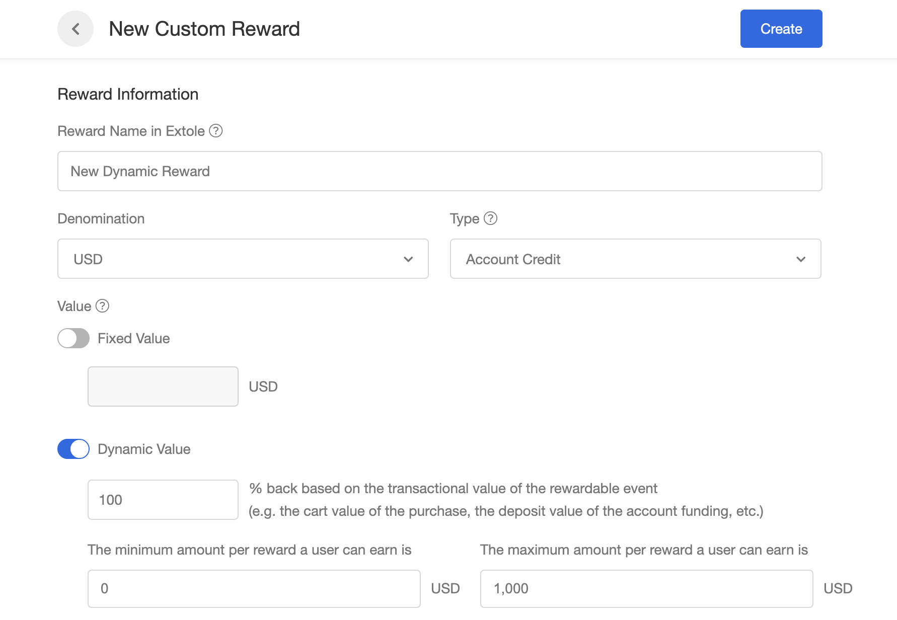 Screenshot showing An example of the dynamic reward configuration