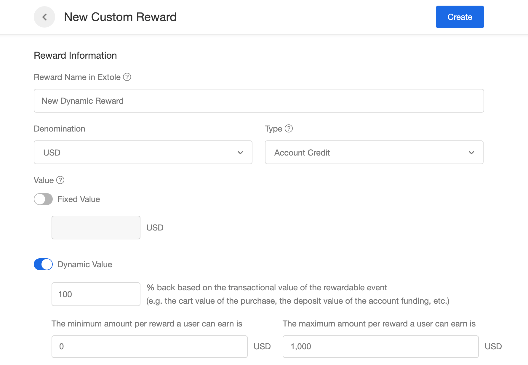 Screenshot showing An example of the dynamic reward configuration