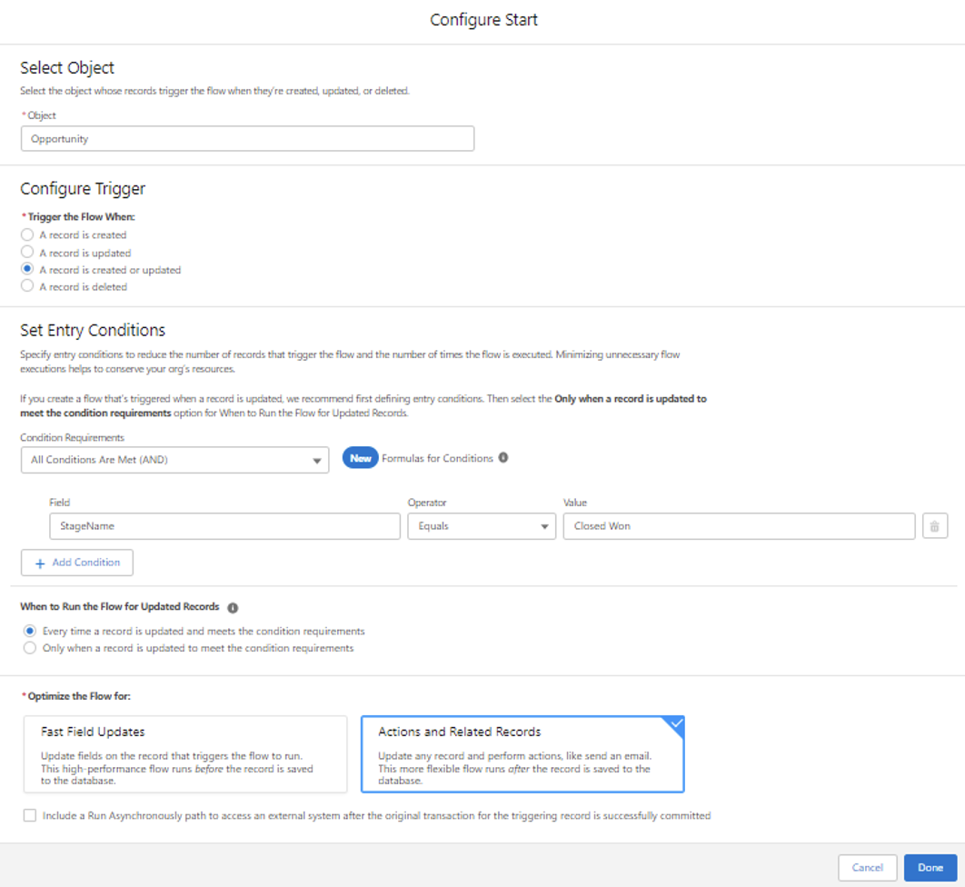 Screenshot showing Choose to optimize the flow for Actions and Related Records.