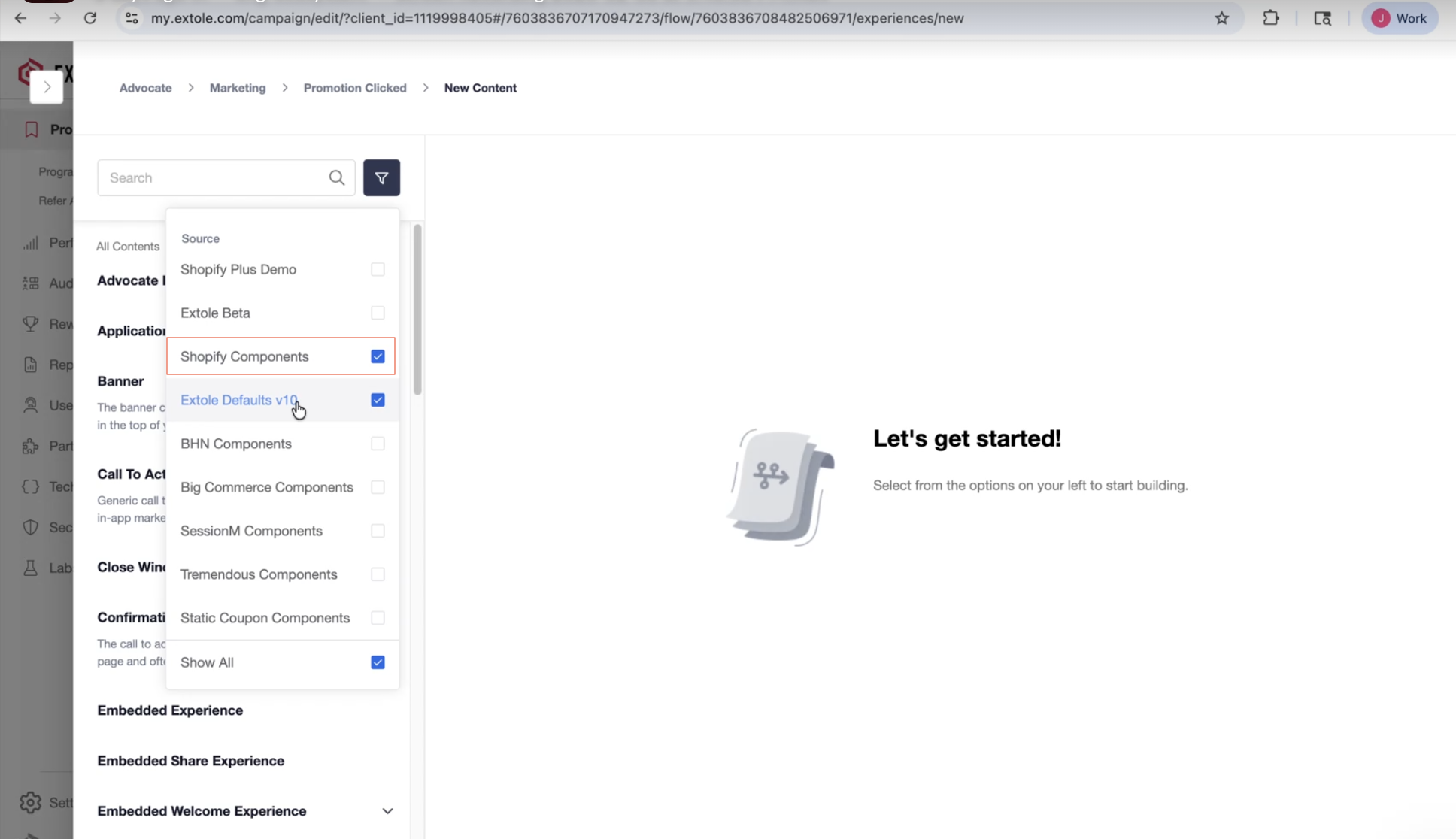 Screenshot showing First, add the Shopify Checkout Extension to your Extole campaign by selecting the Promotion Clicked event in Flow Builder. From there, select New Contentand...