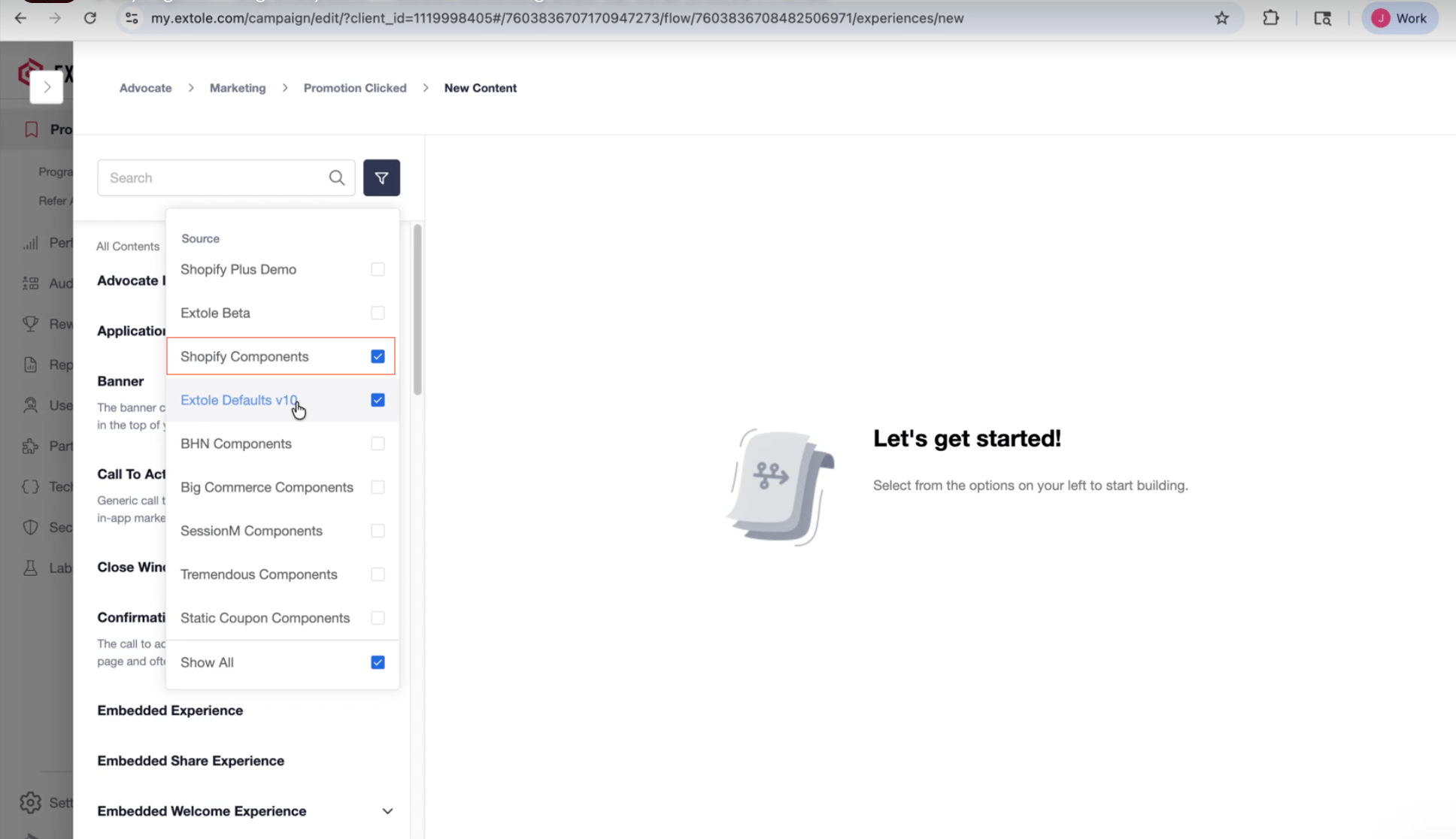 Screenshot showing First, add the Shopify Checkout Extension to your Extole campaign by selecting the Promotion Clicked event in Flow Builder. From there, select New Contentand...