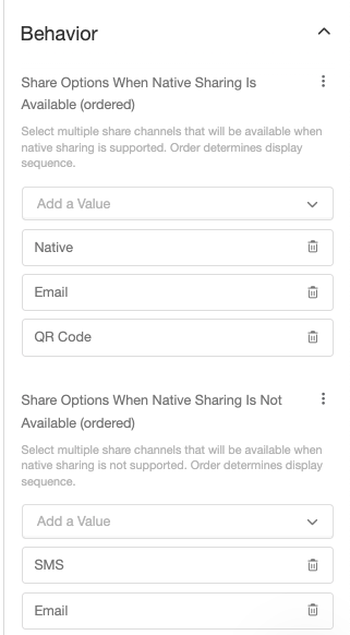 Screenshot showing If you have Extole’s upgraded Flow Builder, your share channels will look like the below. Easily choose from the drop down which share channels you’d like...