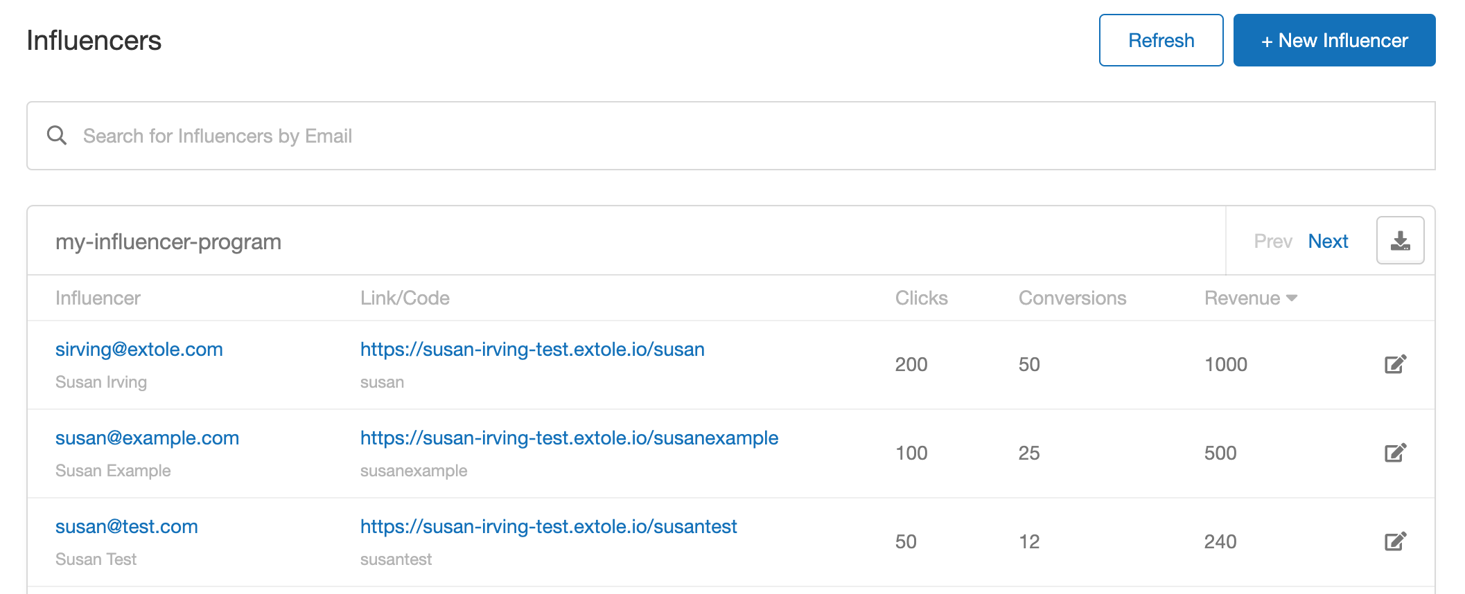Screenshot showing If you want to get more granular data on individual influencer performance, scroll down to the Influencers section on your program page, where you'll see a table