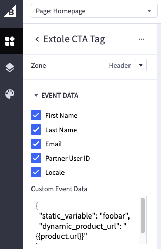Screenshot showing You can specify custom data in your Extole CTA Tags in the Custom Event Data field.