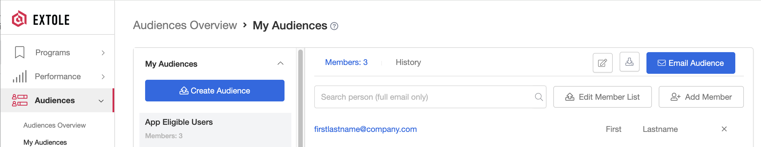 Screenshot showing To set up Go Extole access for your audience members, open the Extole platform, create an audience, and add or upload your audience members.