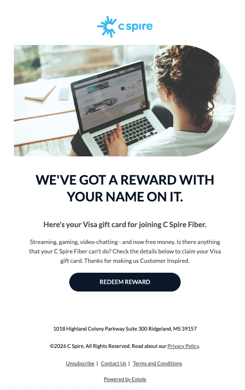 Screenshot showing Based on the type of reward, the user will receive an email with the details on how to access or use their reward. This would be the link to their electronic...