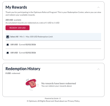 Screenshot showing Users can choose to redeem all eligible rewards at once, or only redeem specific rewards. You can enable different limits in your Reward Bank configuration...