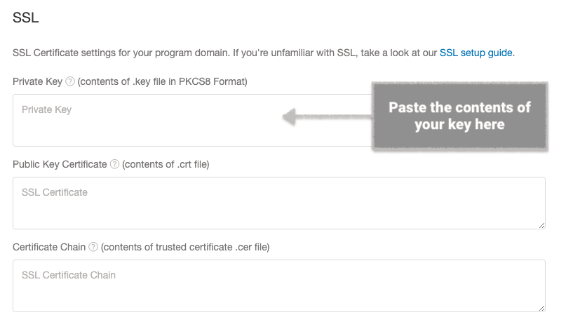 Screenshot showing In the pop-up window, look for the Private Key section and paste the contents of your PKCS8. Then, click the blue Save button at the top of the window to...