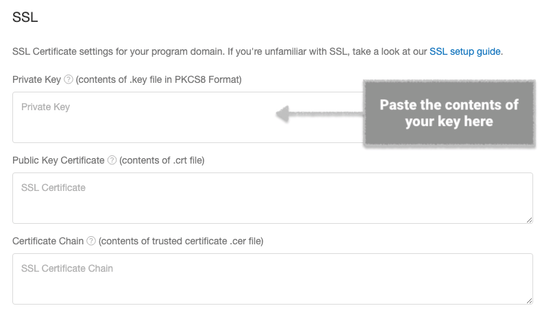 Screenshot showing In the pop-up window, look for the Private Key section and paste the contents of your PKCS8. Then, click the blue Save button at the top of the window to...