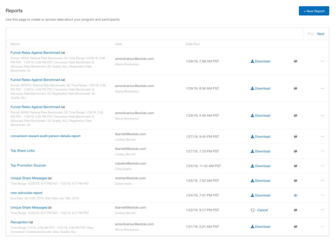 A list of generated reports within the Extole platform