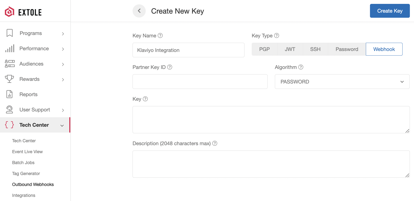 Screenshot showing Click the Create Key button.