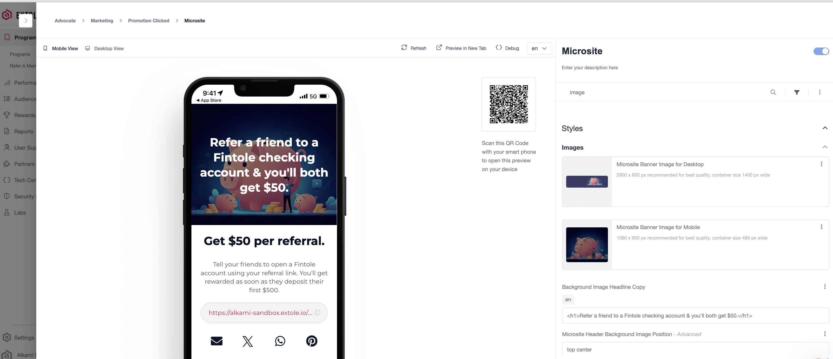Screenshot showing To configure your referral page, go the Extole campaign editor for your referral campaign, select the Microsite creative experience, and edit the copy and...