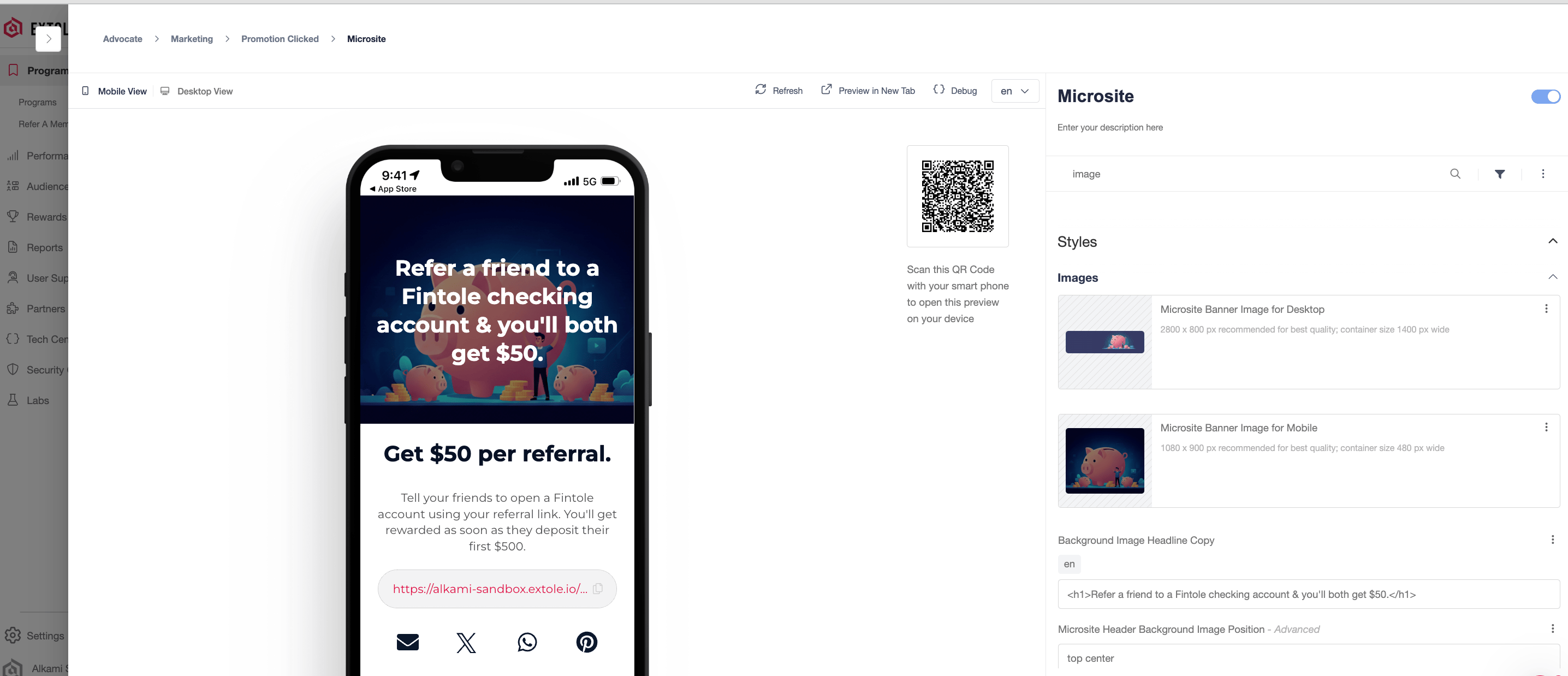 Screenshot showing To configure your referral page, go the Extole campaign editor for your referral campaign, select the Microsite creative experience, and edit the copy and...