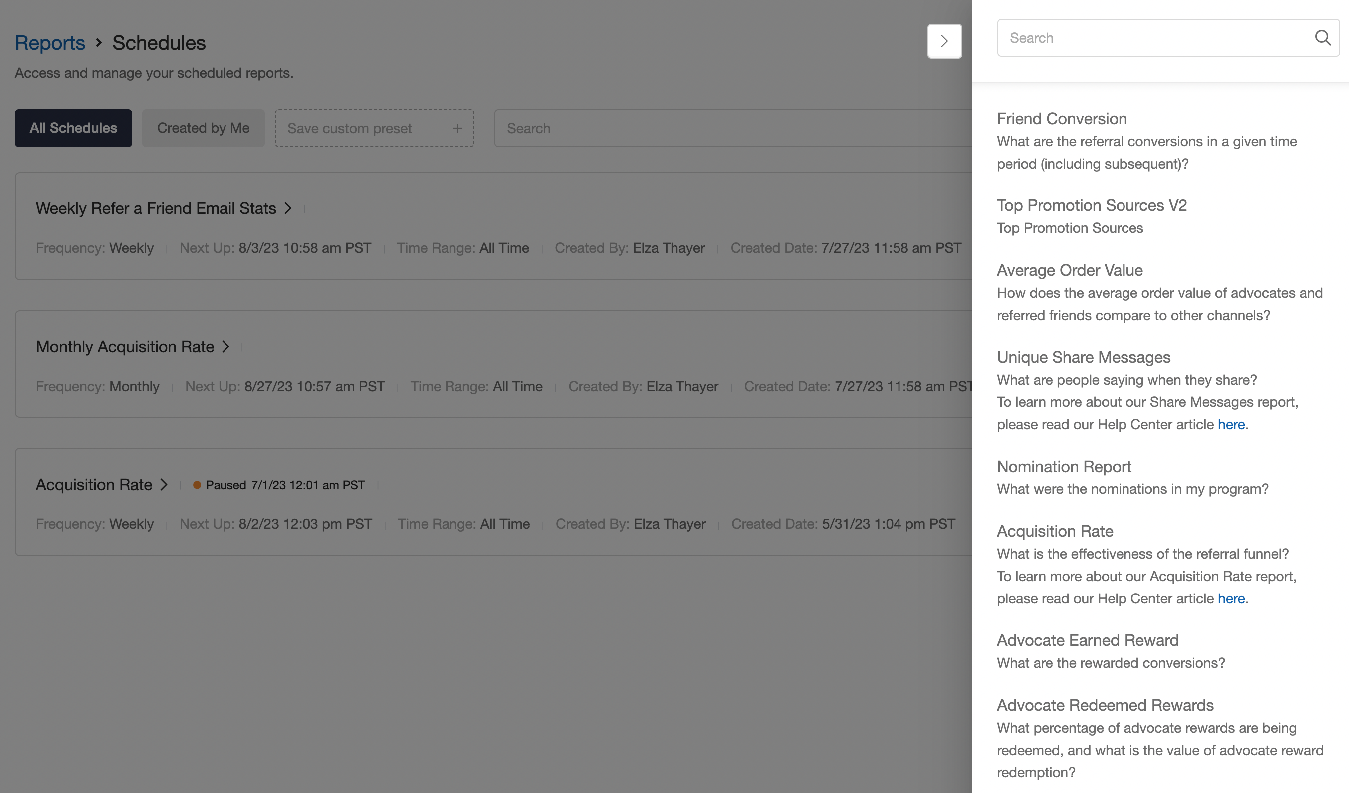 Quick create menu for scheduled reports