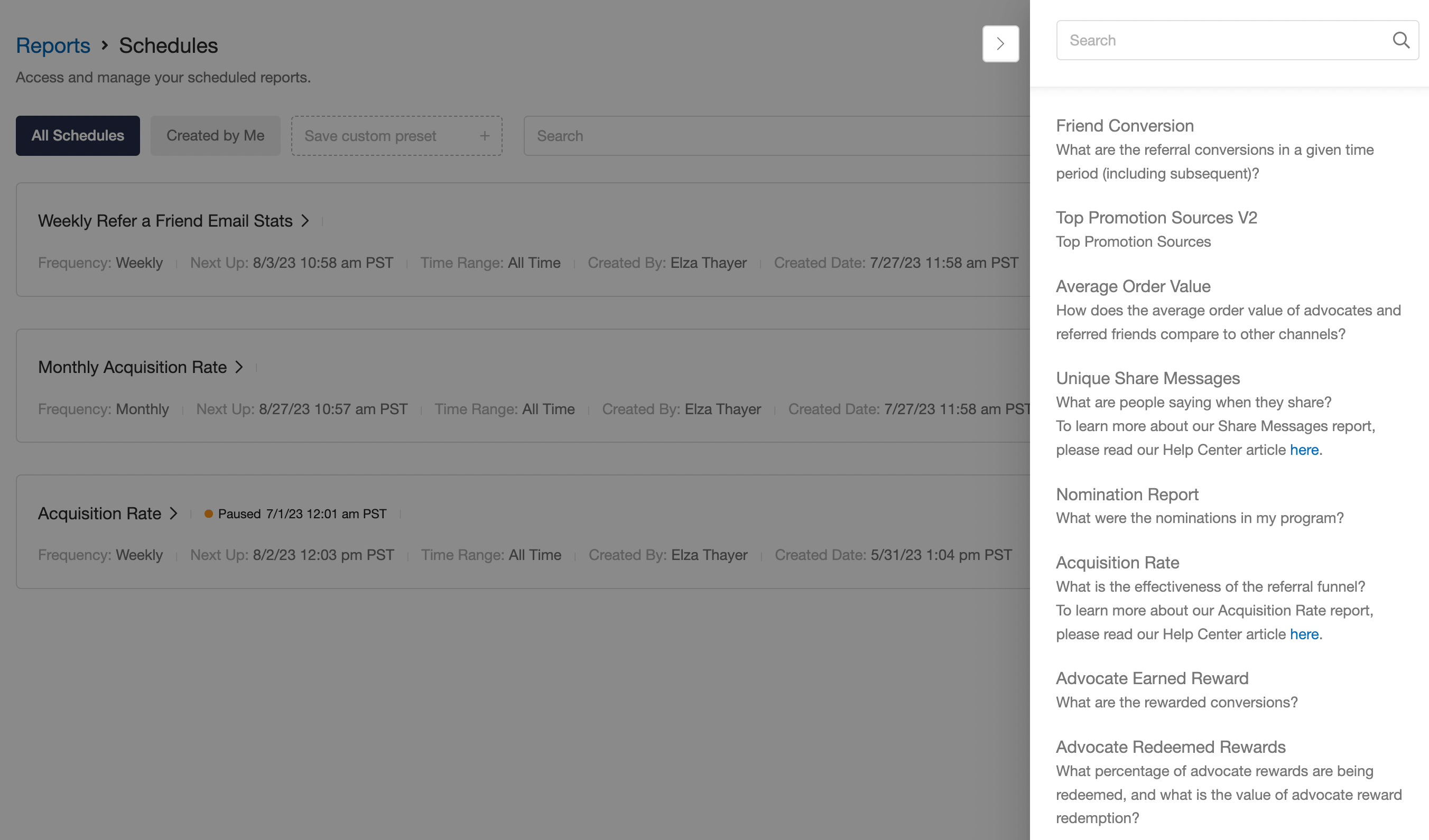 Quick create menu for scheduled reports
