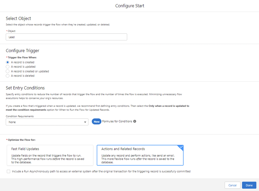 Screenshot showing Choose to optimize the flow for Actions and Related Records.