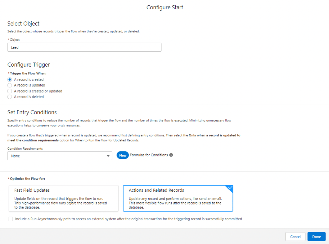 Screenshot showing Choose to optimize the flow for Actions and Related Records.