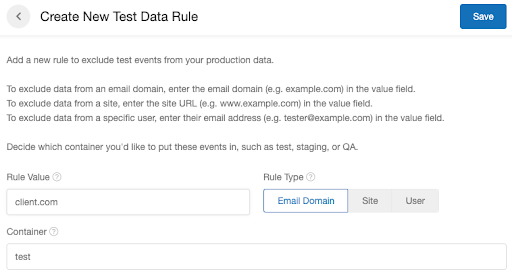 Screenshot showing To flag all events from users using a specific email domain as test events, navigate to your Tech Center, scroll to the section titled "Test Data Rules", and...