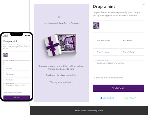 Web and mobile view of Tatcha's Drop a Hint program share experience
