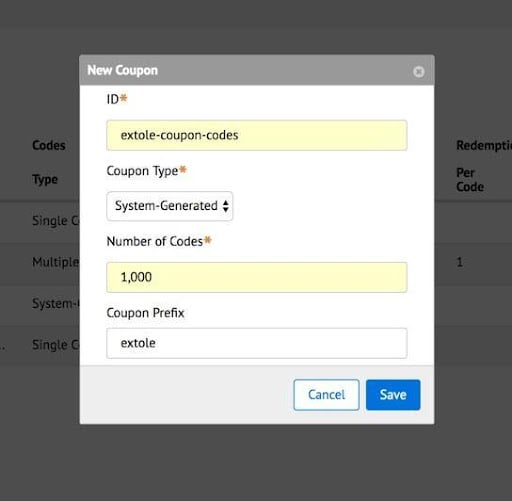 Screenshot showing Configure your New Coupon: Type in an ID to identify your coupons, select the Coupon Type “System-Generated,” enter the Number of Codes you would like, and...