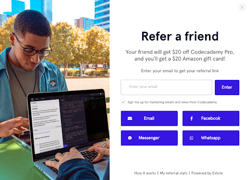 Screenshot showing Whenever new or existing customers interact with your Extole-powered programs, they have the option to opt-in to receive further email marketing...