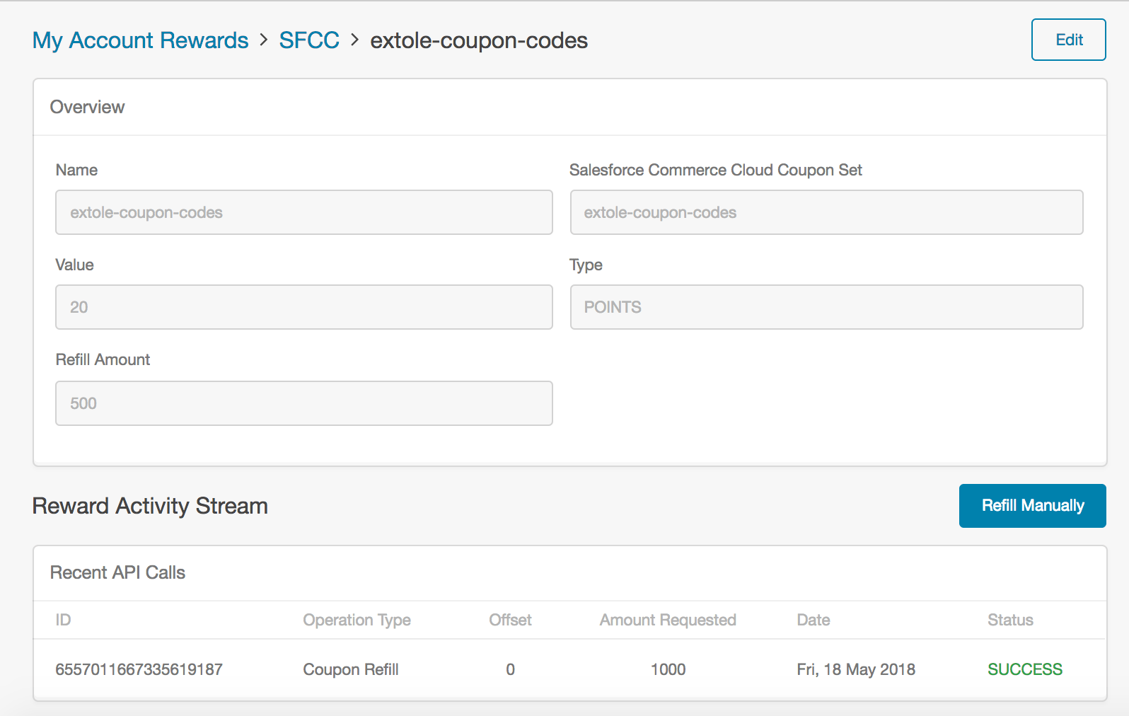 Screenshot showing If you would like to do a manual coupon refill, you can click the "Refill Manually" button.