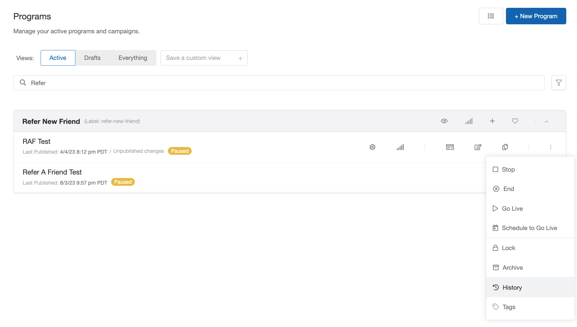 Screenshot showing Find the campaign to which you'd like to add a language and open its History.