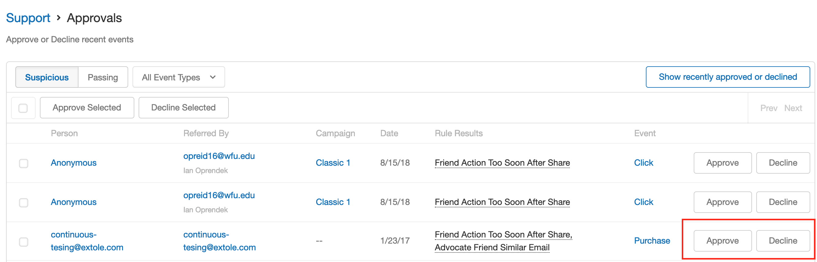 Screenshot showing If you would like to alter the status of an event (approve or decline it), you do this by navigating to Approvals and then clicking the desired action button...