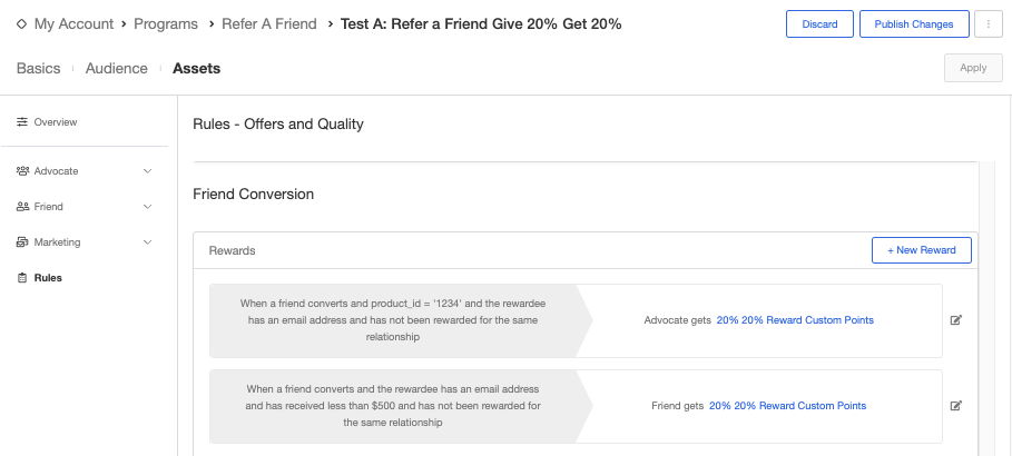 Screenshot showing If you don't see this section, go to the Rules tab and search for the events in your program. Click the edit button to swap out the reward.