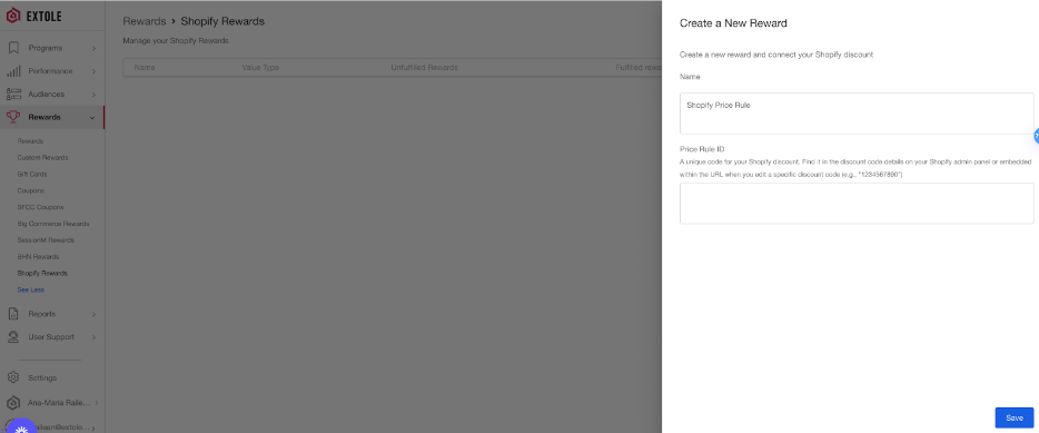 Screenshot showing Select the Shopify Coupons from the Reward Supplier and make sure to indicate a Name for the reward and the Price Rule ID for the Discount you created in...