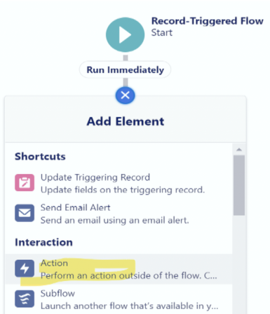Screenshot showing Click on the + sign to add an element, then select Action.