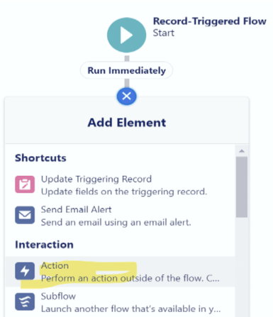 Screenshot showing Click on the + sign to add an element, then select Action.