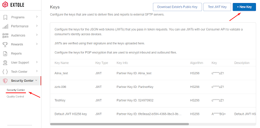 Screenshot showing Click the + New Key button.