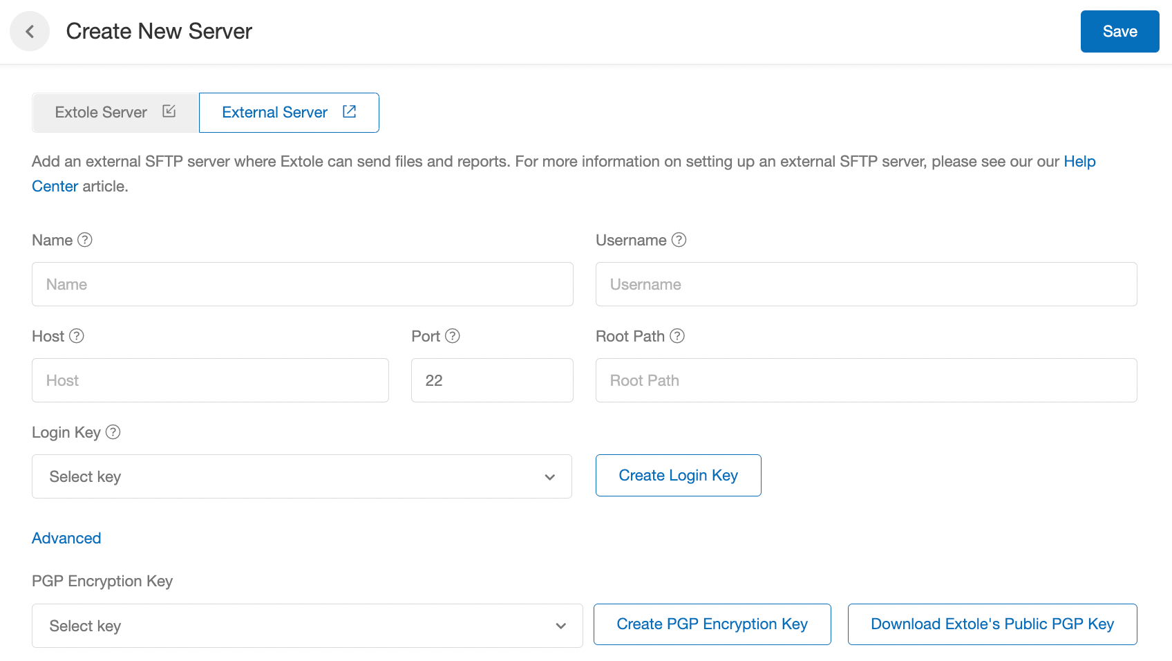 Screenshot showing Login Key: The key used to access the SFTP server. Click on the "Create Login Key" button to create a new encrypted RSA private key or password and fill out...