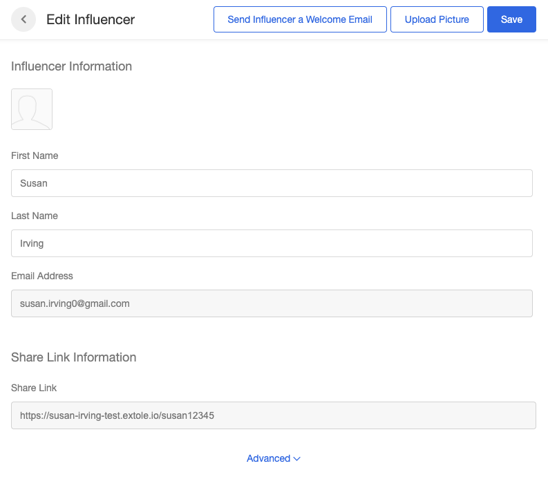 Screenshot showing Adding a new influencer is easy! Click the "+ New Influencer" button or the edit icon next to an existing influencer and you'll see this view